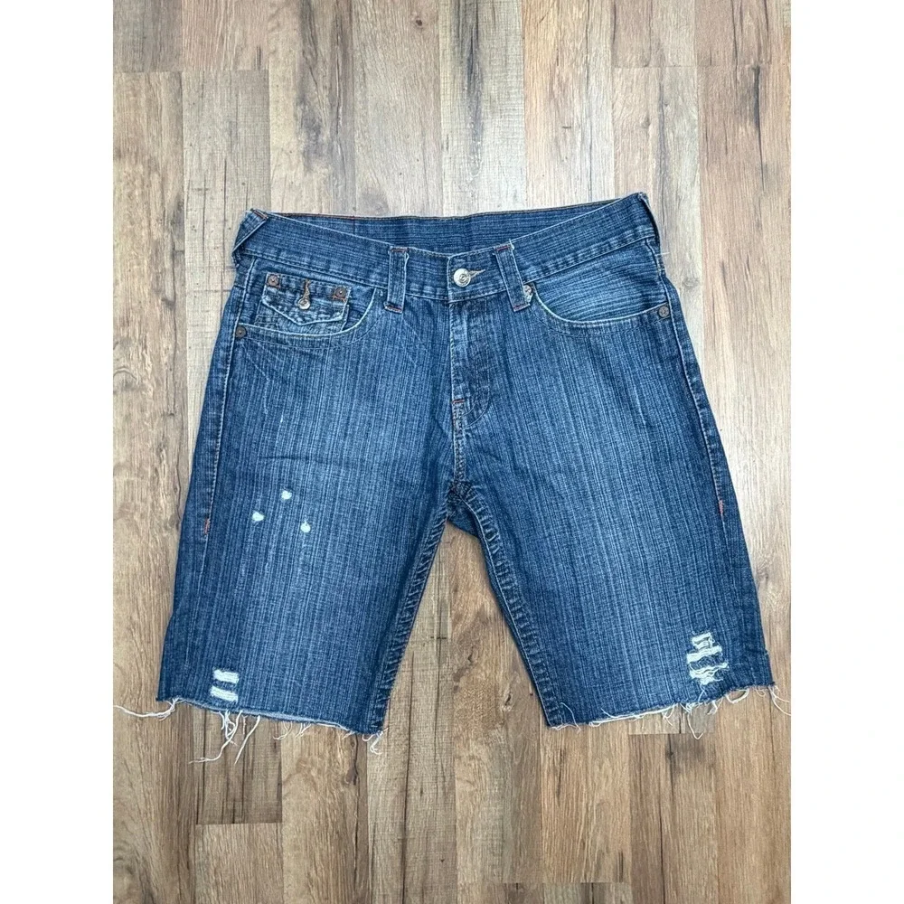 True Religion Billy Jeans Shorts Men 34 Made USA Distressed Cutoff Raw Hem Denim